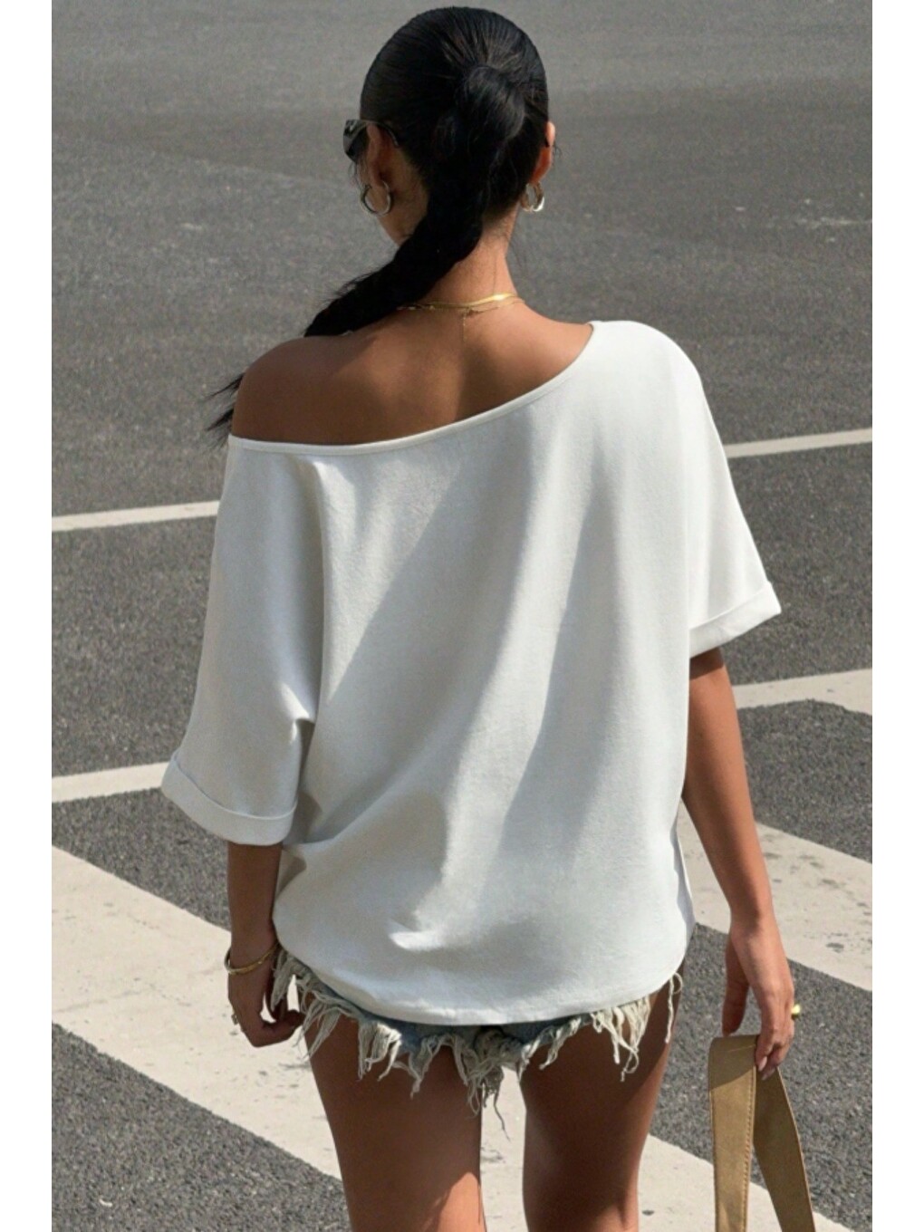 Beyaz Kadın Oversize Düşük Omuz Basic Tişört – Salaş Kesim Yazlık Rahat T-shirt-3