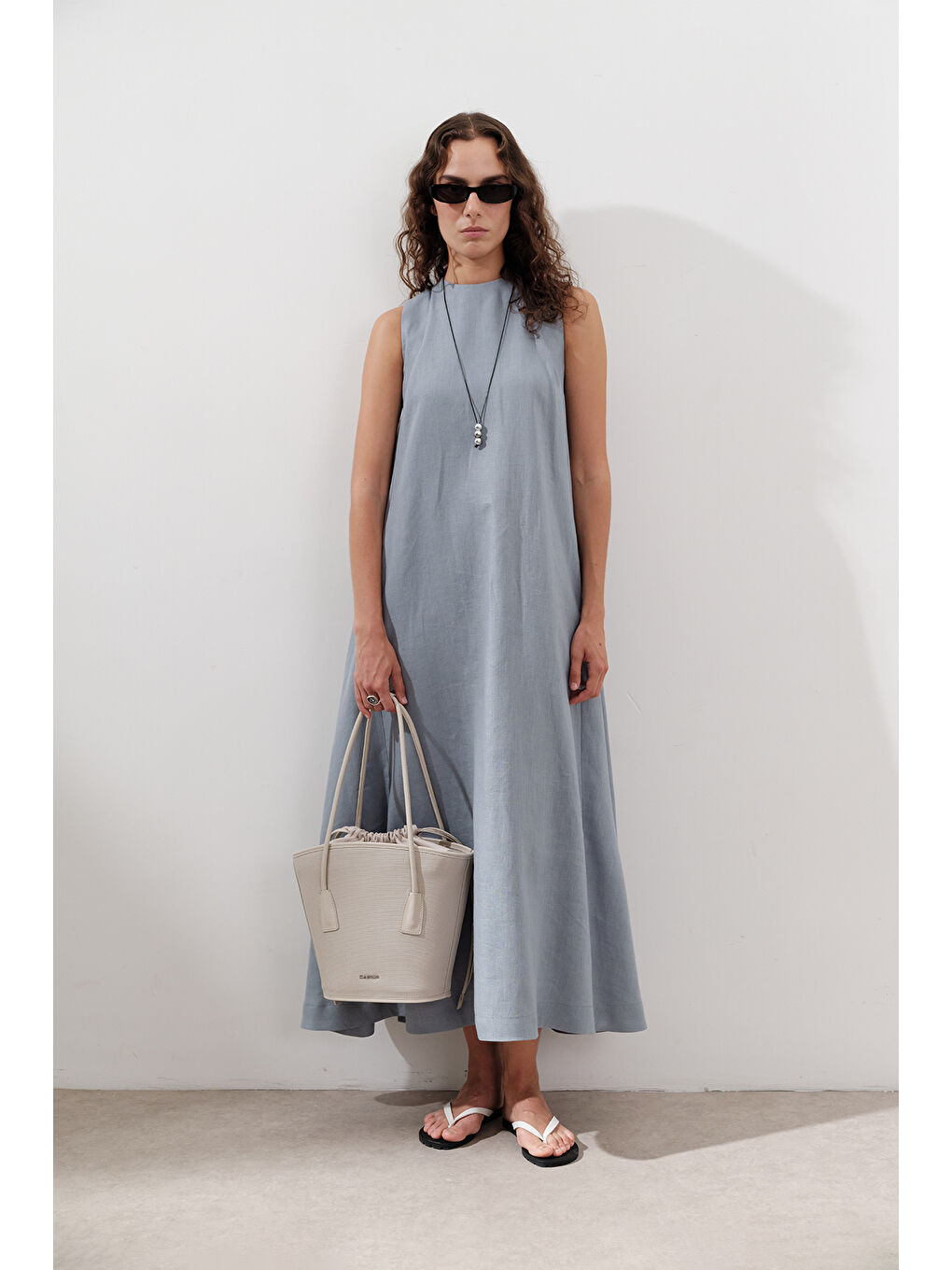 Keten Büzgülü Geniş Elbise Mavi