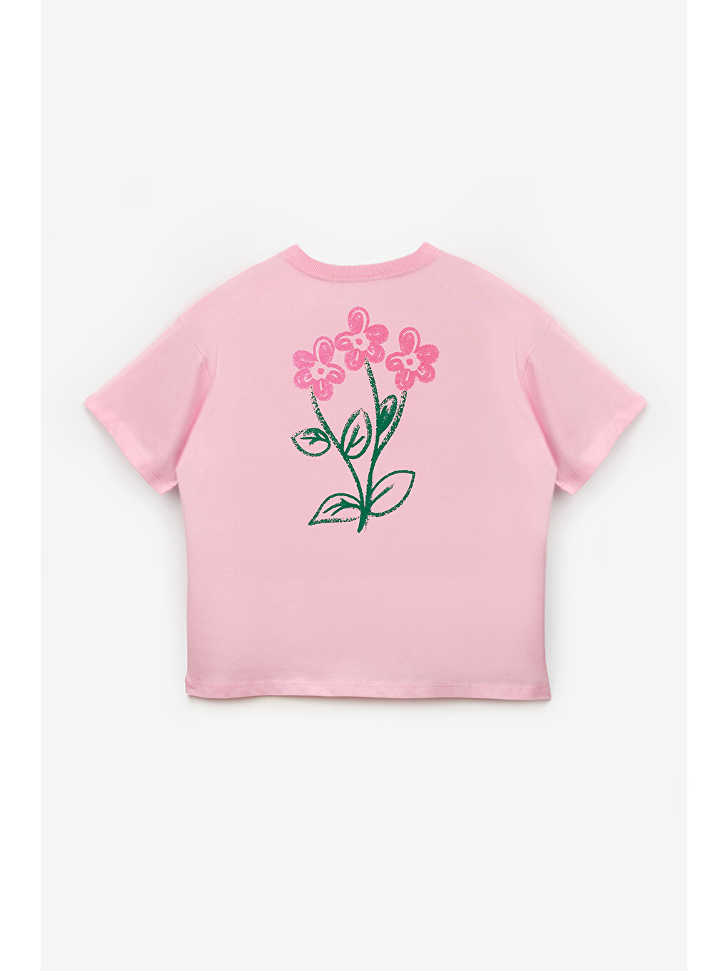 Pembe Çiçek Baskılı Kız Çocuk Tişört-1