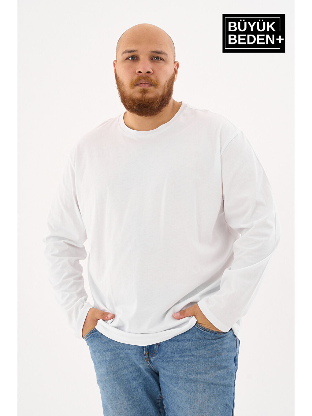Beyaz Erkek  Uzun Kollu 2 İplik Bisiklet Yaka Büyük Beden Tişört-2