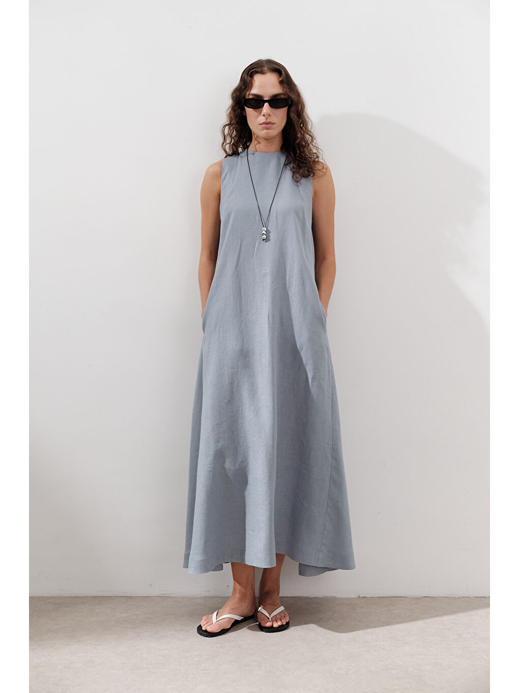 Keten Büzgülü Geniş Elbise Mavi-2