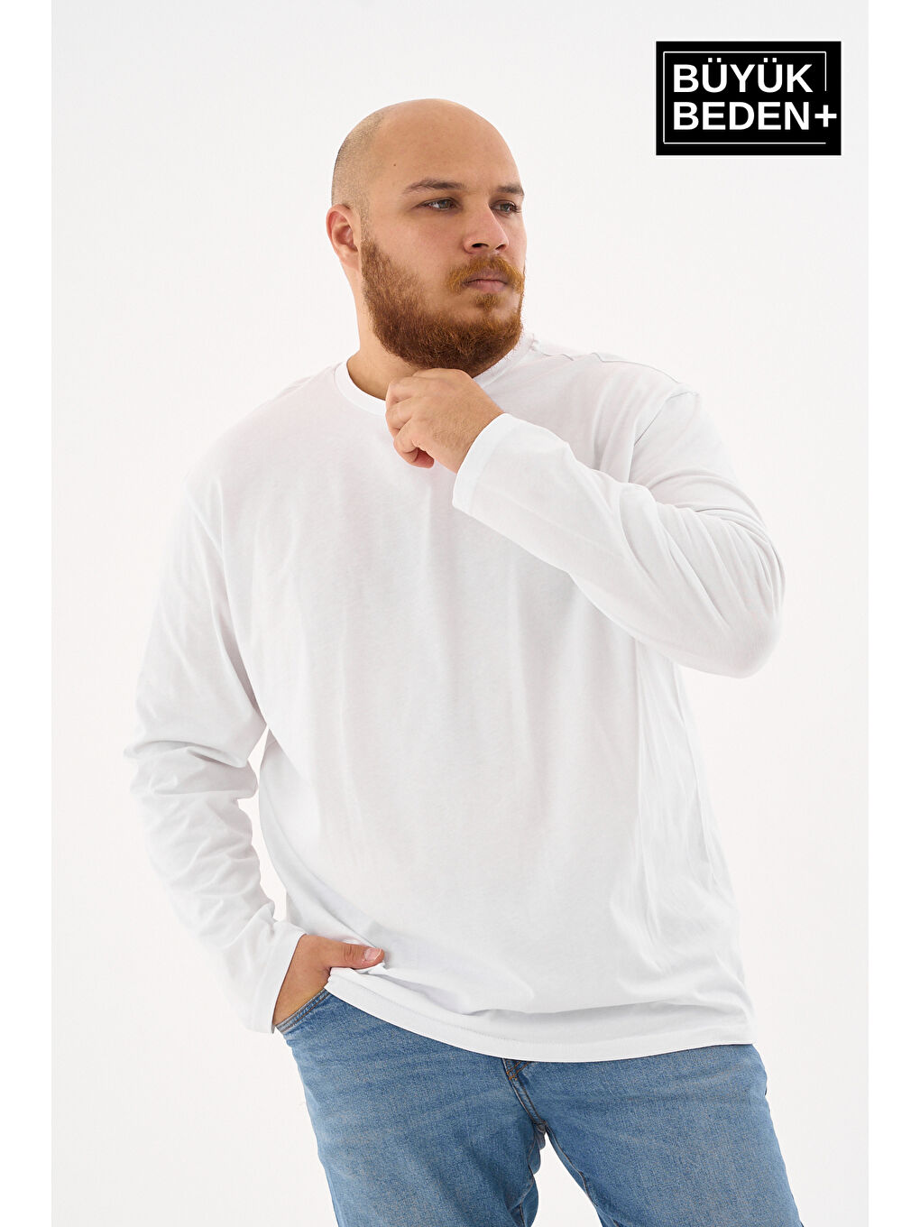 Beyaz Erkek  Uzun Kollu 2 İplik Bisiklet Yaka Büyük Beden Tişört-3
