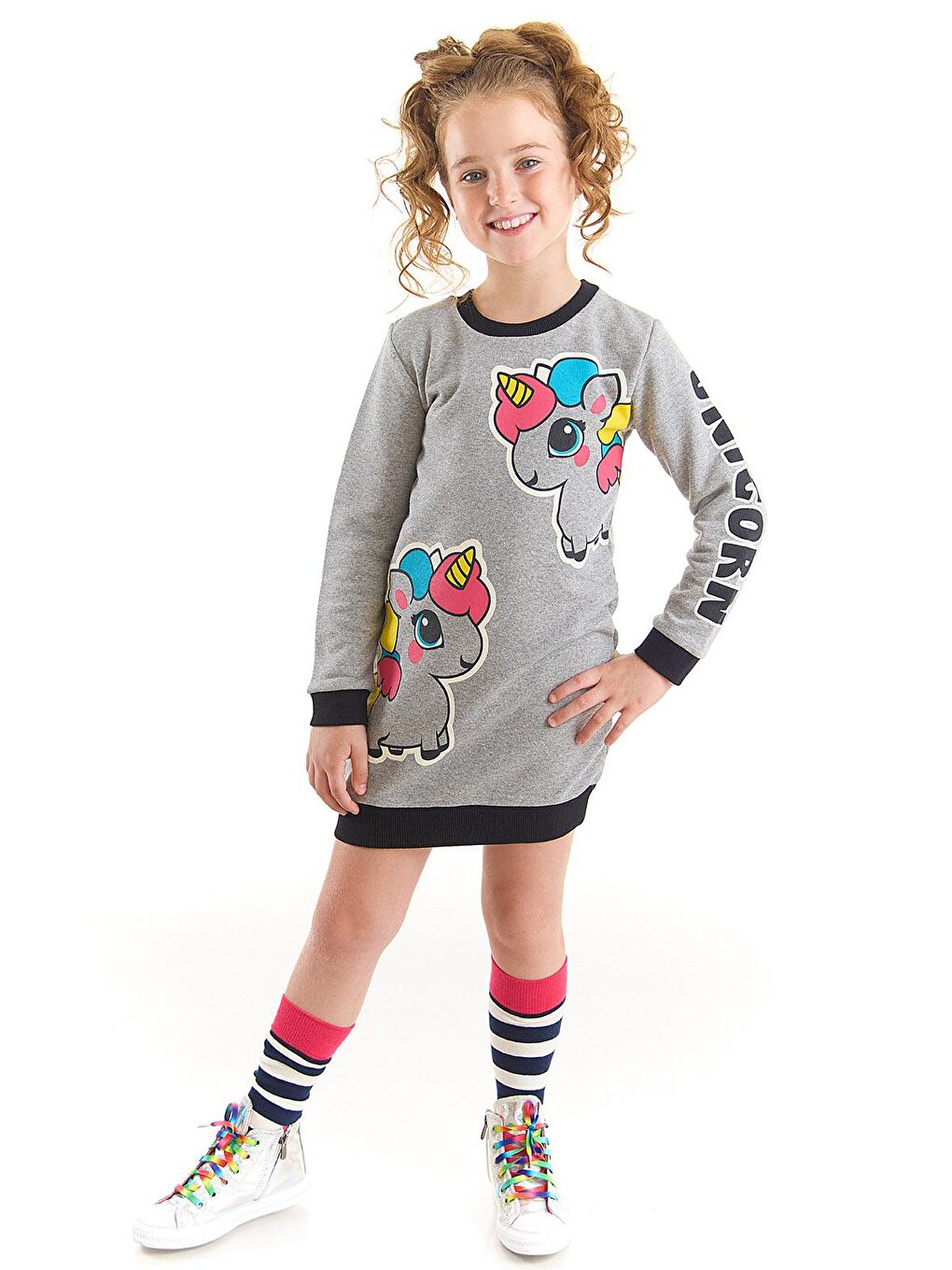 Denokids Gri Unicorn Kız Çocuk Sweat Elbise