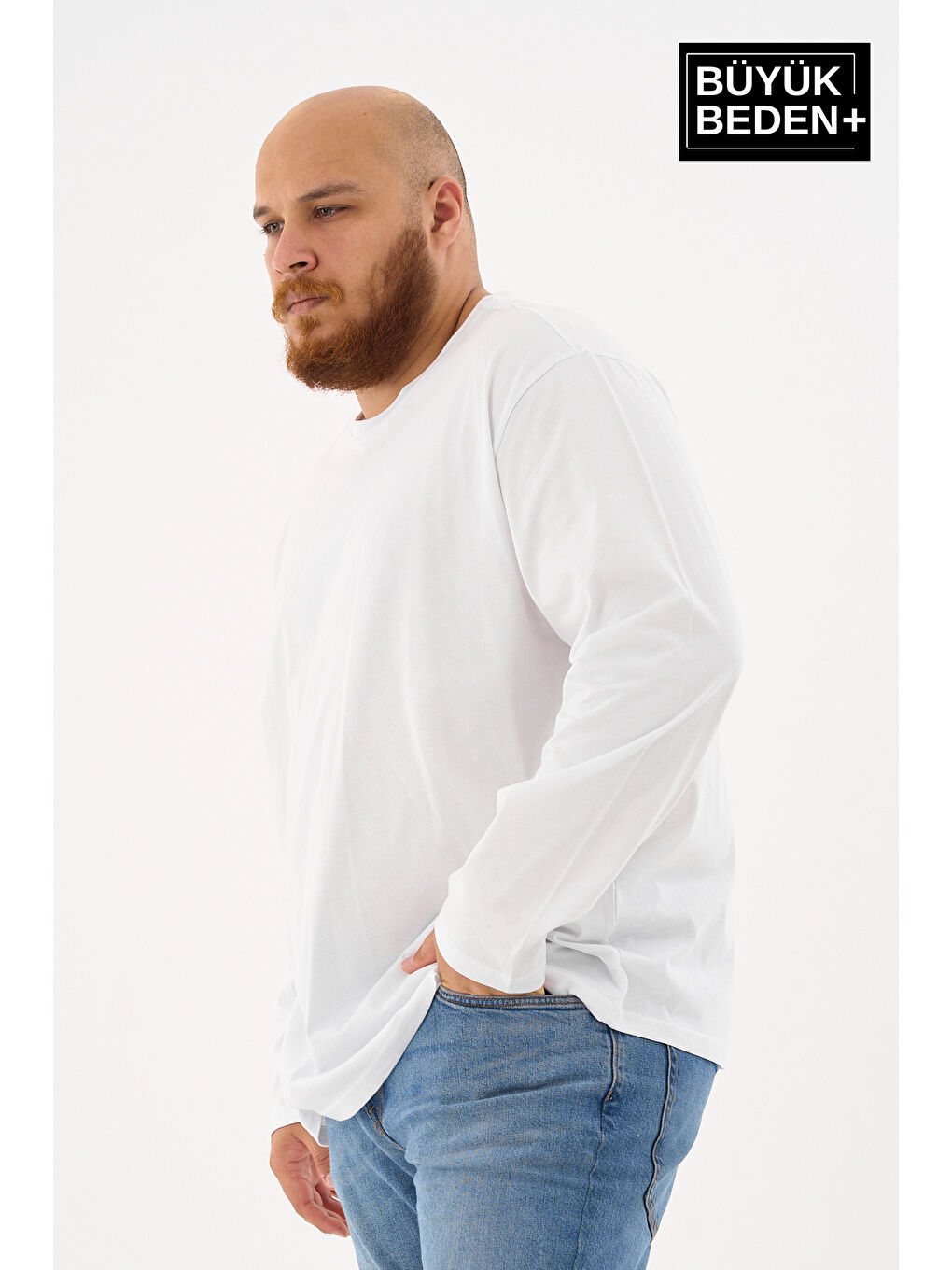 Beyaz Erkek  Uzun Kollu 2 İplik Bisiklet Yaka Büyük Beden Tişört-4