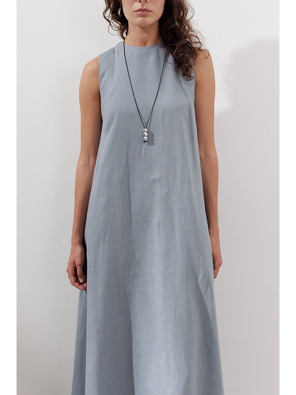 Keten Büzgülü Geniş Elbise Mavi-3