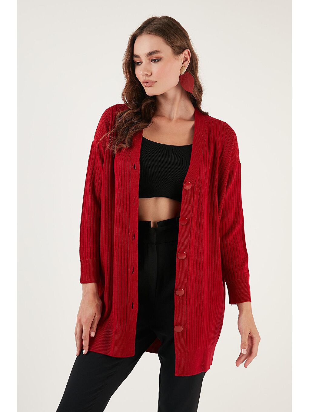 Kırmızı V Yaka Düğmeli Triko Hırka 4616040-2