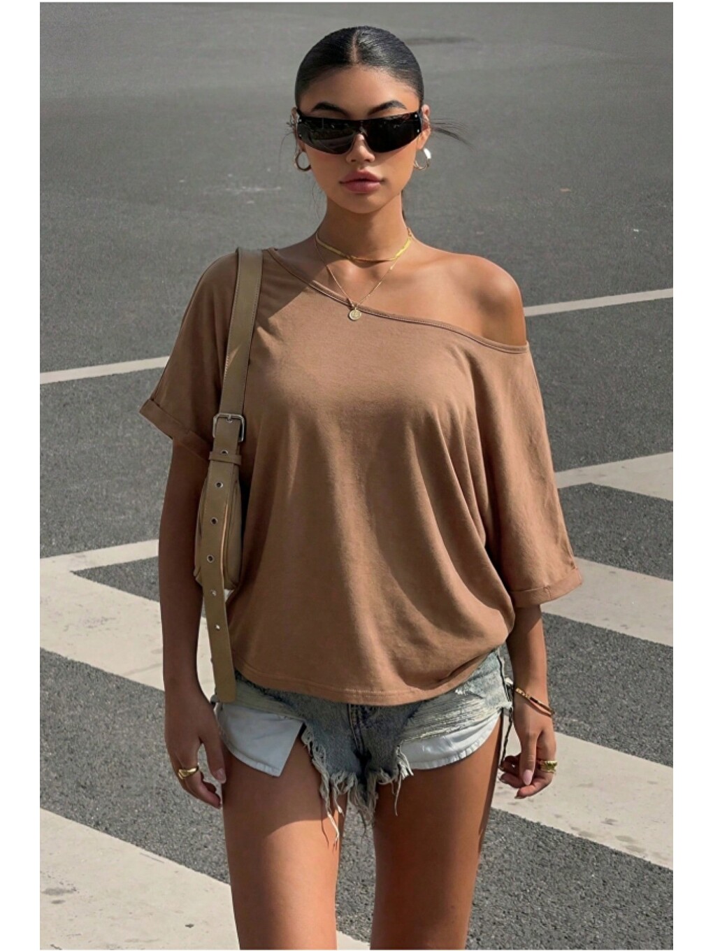 Kahverengi Kadın Oversize Düşük Omuz Basic Tişört – Salaş Kesim Yazlık Rahat T-shirt-1
