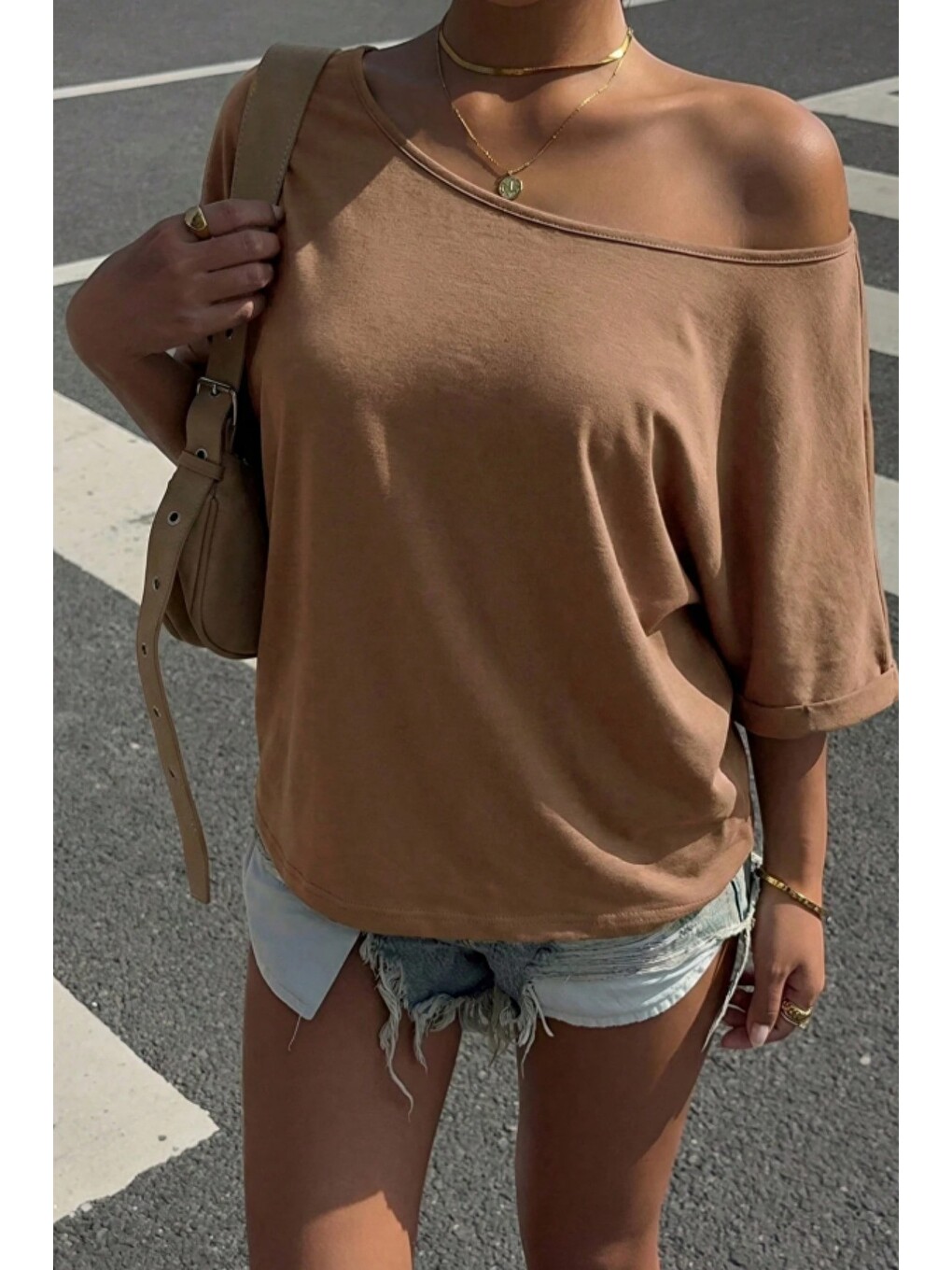 Kahverengi Kadın Oversize Düşük Omuz Basic Tişört – Salaş Kesim Yazlık Rahat T-shirt-2