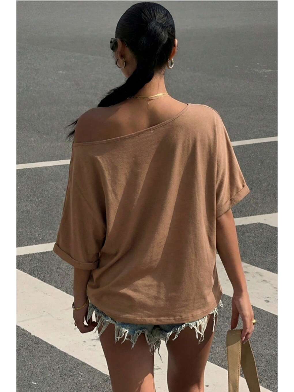 Kahverengi Kadın Oversize Düşük Omuz Basic Tişört – Salaş Kesim Yazlık Rahat T-shirt-4