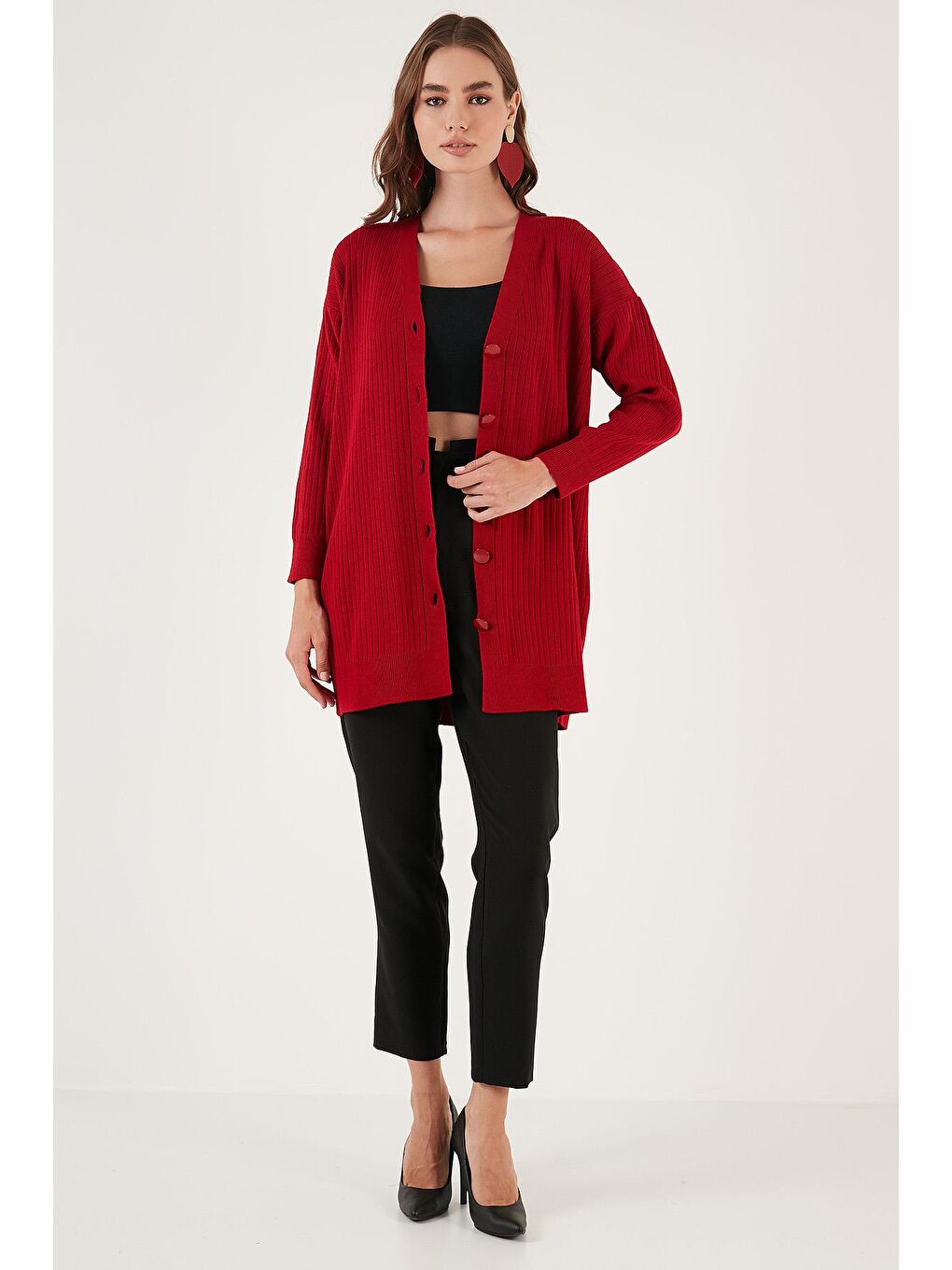 Kırmızı V Yaka Düğmeli Triko Hırka 4616040-3