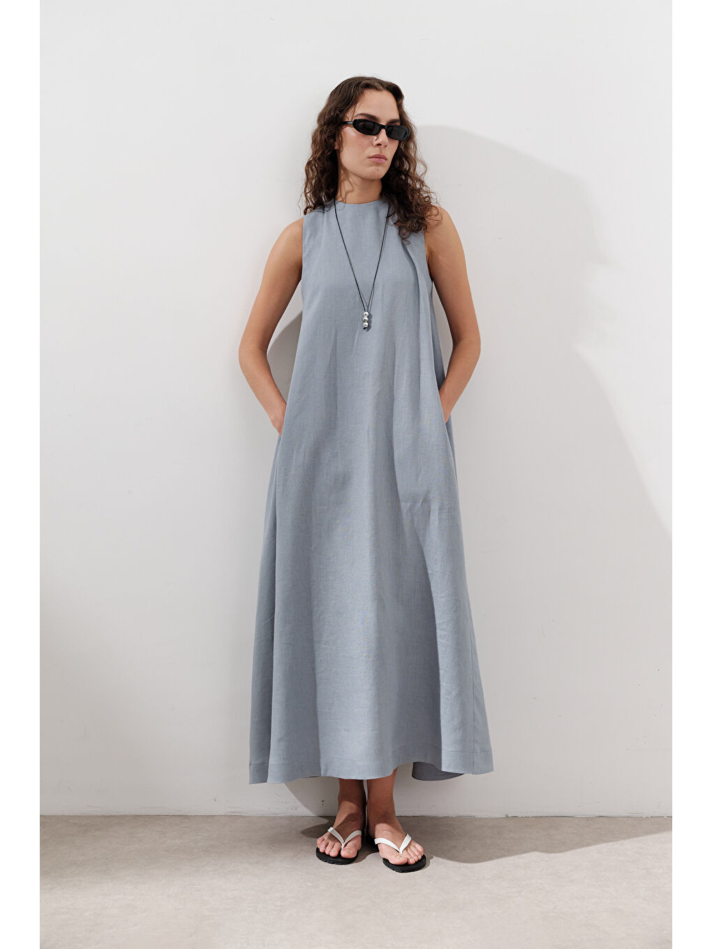 Keten Büzgülü Geniş Elbise Mavi-5