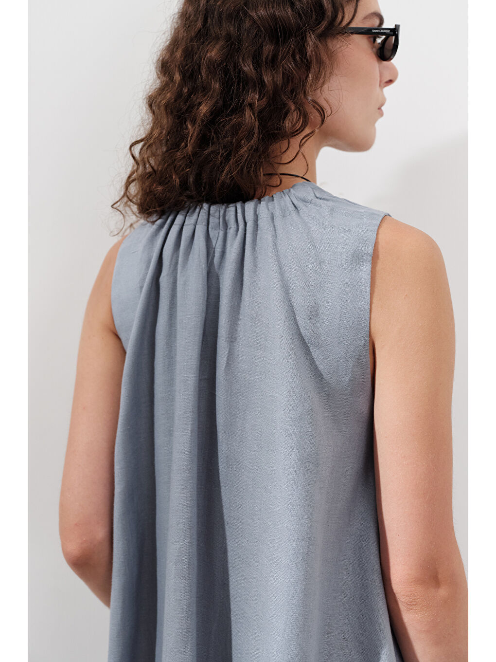 Keten Büzgülü Geniş Elbise Mavi-6