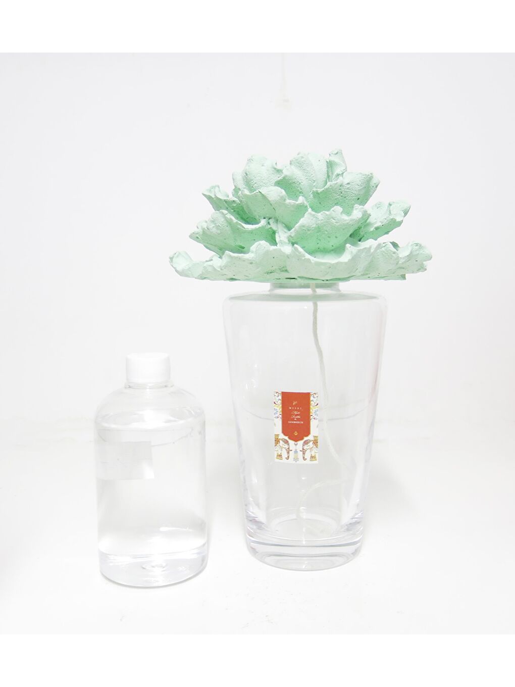 Hint Esintisi Büyük Dekoratif Cam Vazo Yeşil Seramik Çiçek Taşlı Amber Wood Oda Kokusu (27 cm)