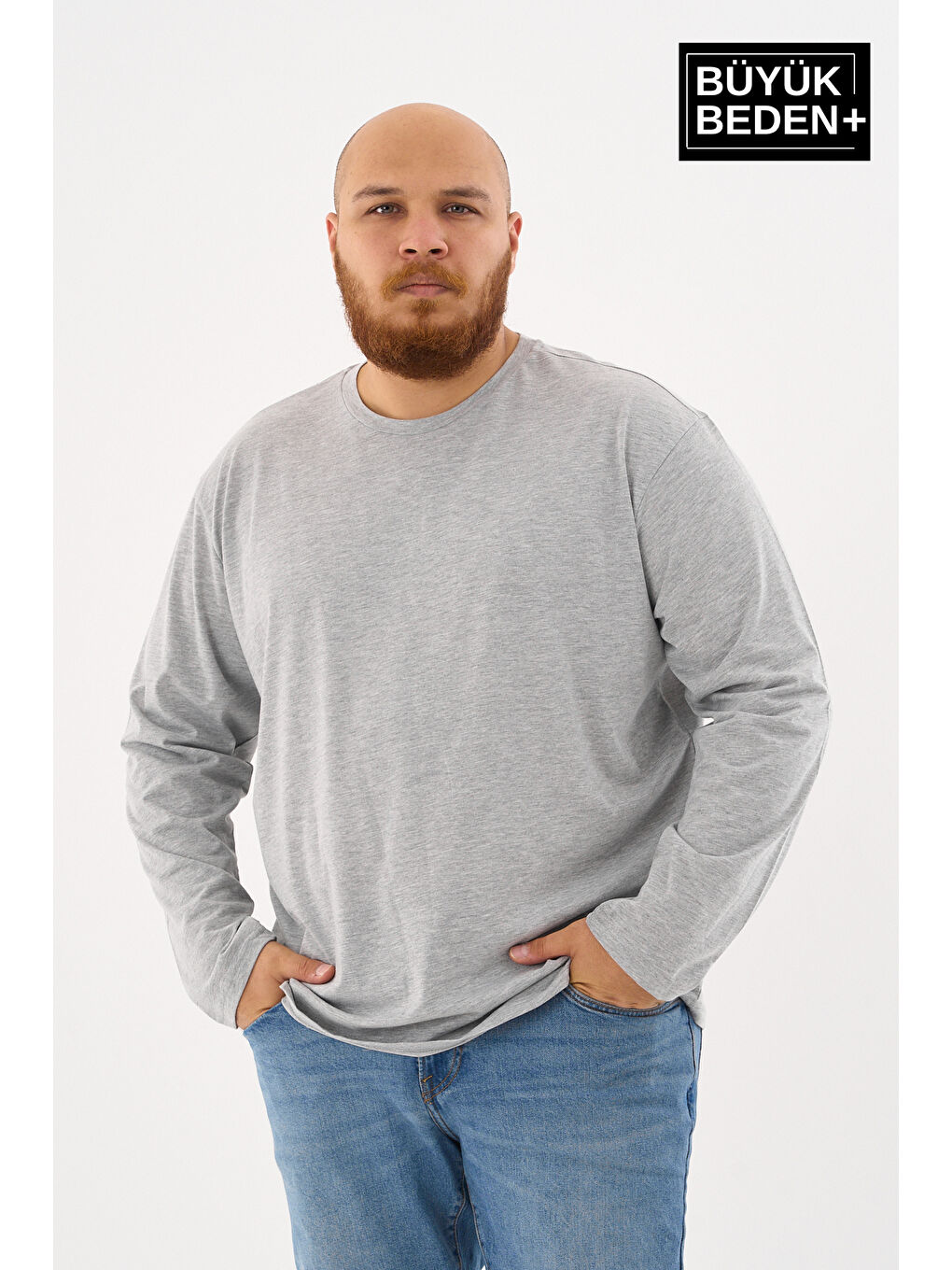 Gri Erkek  Uzun Kollu 2 İplik Bisiklet Yaka Büyük Beden Tişört