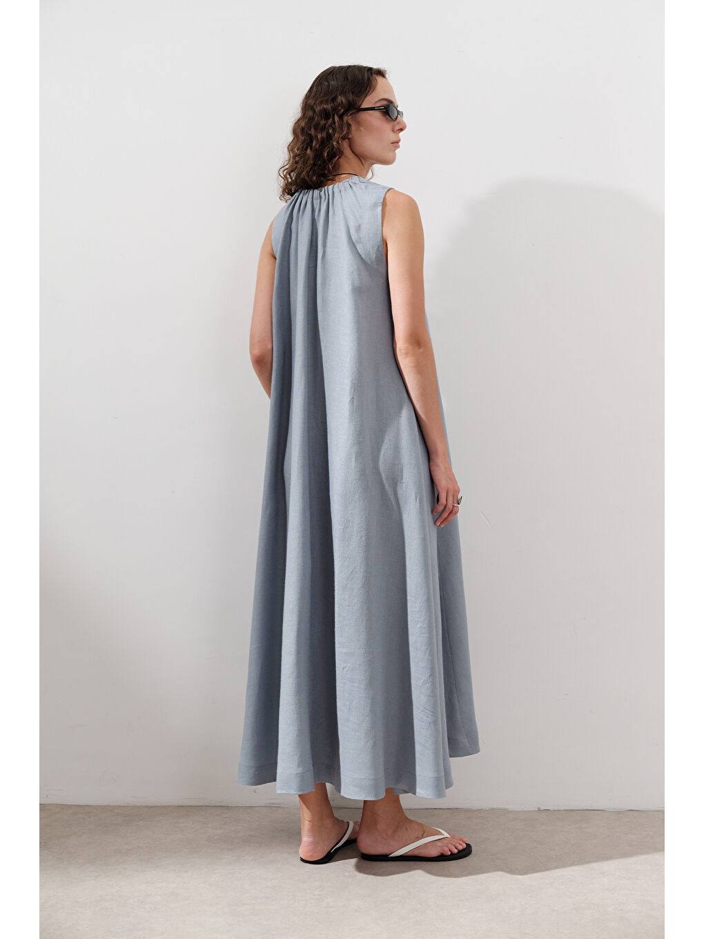 Keten Büzgülü Geniş Elbise Mavi-7