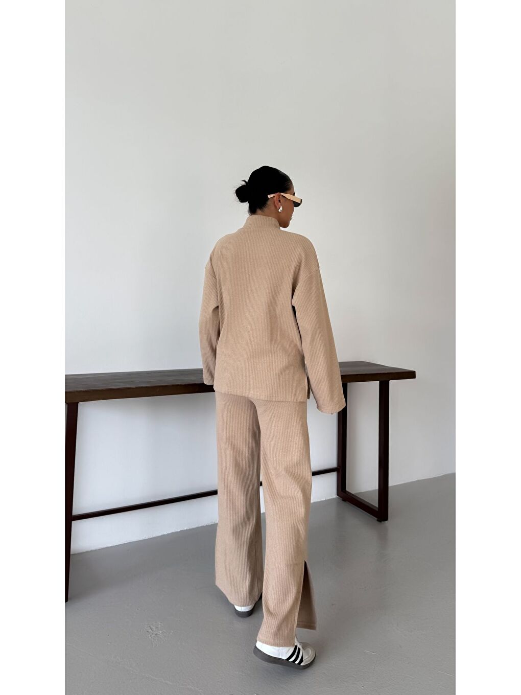 Kadın Bej Yarım Fermuarlı Dik Yaka Kazak Alt-Üst Pantolonlu Takım-5