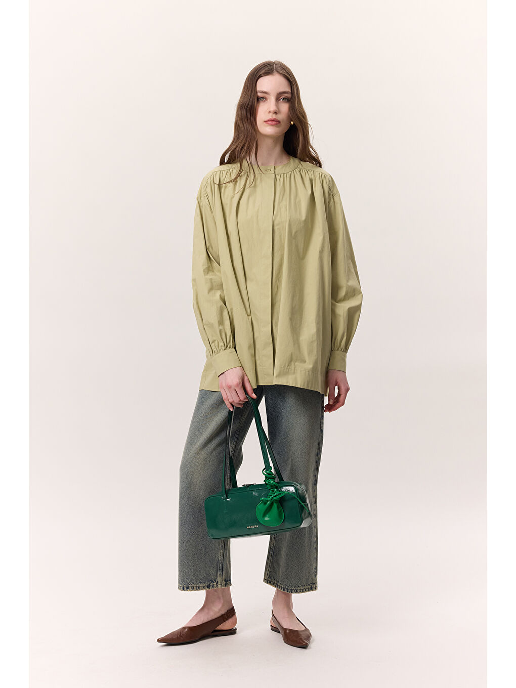Yeşil Büzgü Detaylı Geniş Gömlek Adaçayı-2