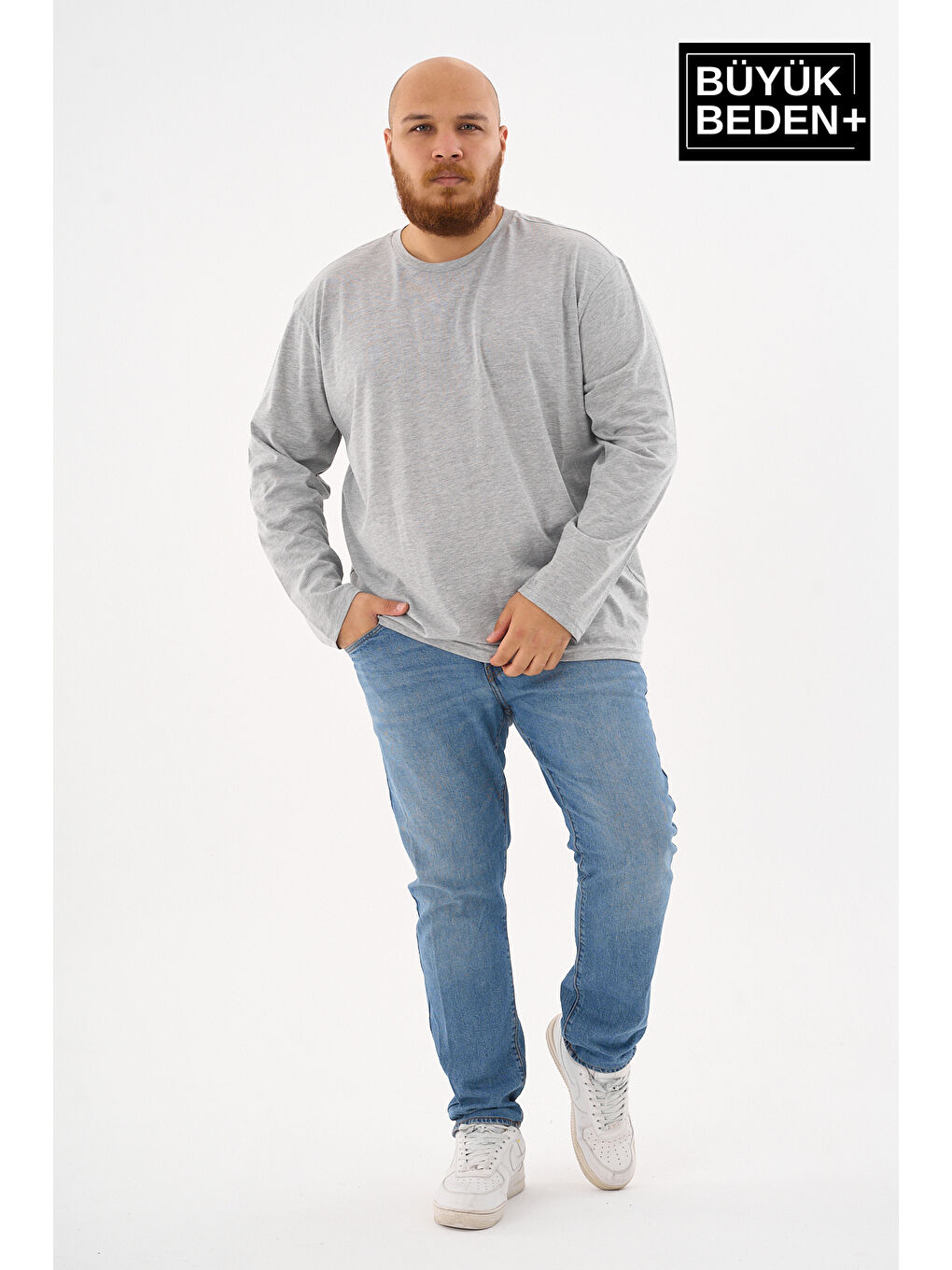 Gri Erkek  Uzun Kollu 2 İplik Bisiklet Yaka Büyük Beden Tişört-1