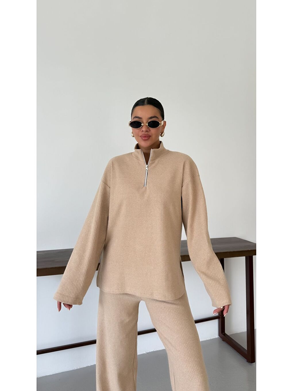 Kadın Bej Yarım Fermuarlı Dik Yaka Kazak Alt-Üst Pantolonlu Takım-6