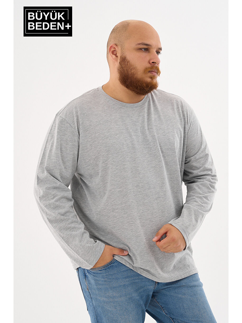 Gri Erkek  Uzun Kollu 2 İplik Bisiklet Yaka Büyük Beden Tişört-2