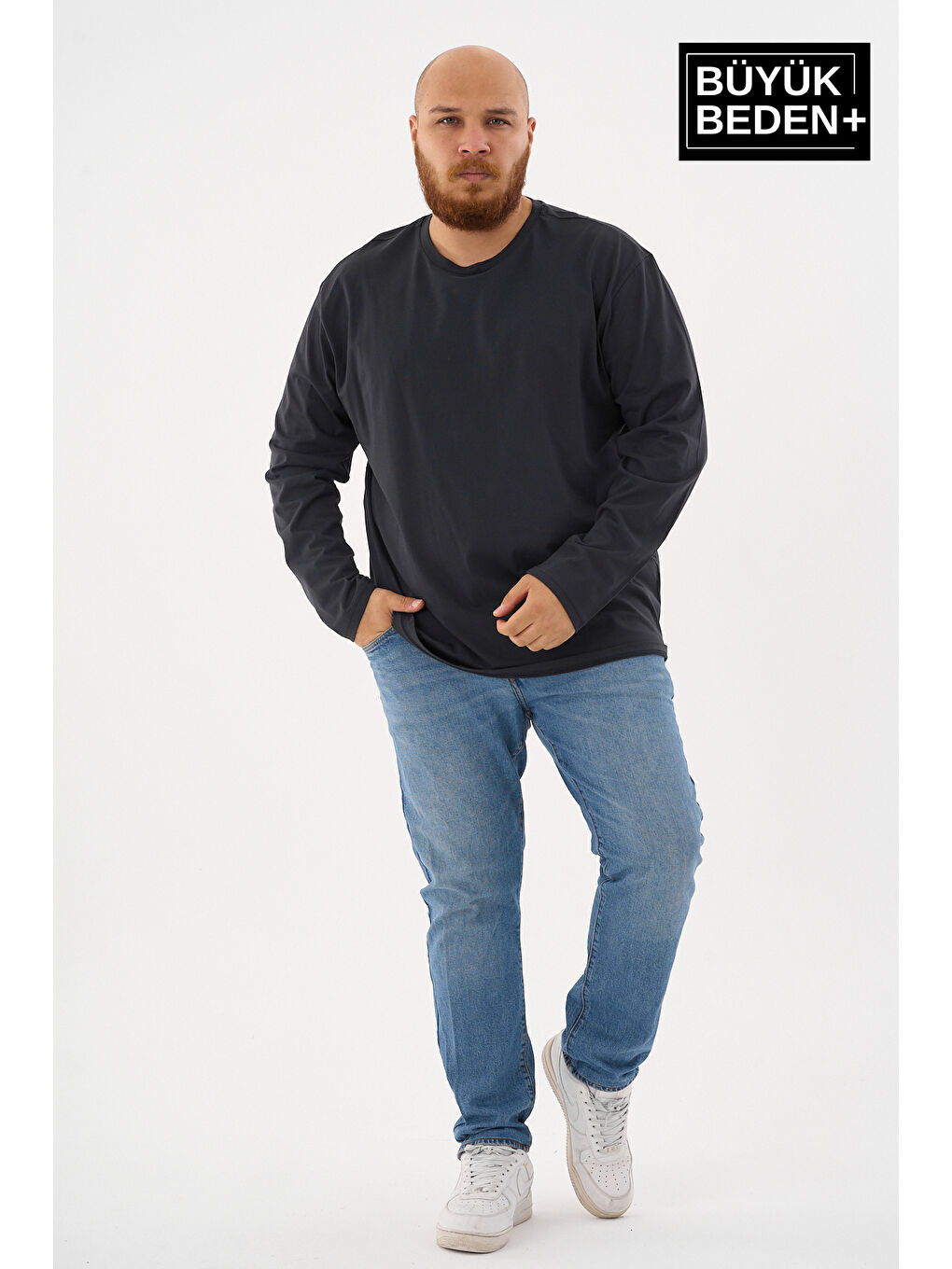 Lacivert Erkek  Uzun Kollu 2 İplik Bisiklet Yaka Büyük Beden Tişört-4