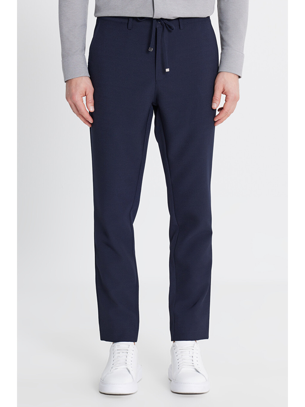 Erkek Lacivert Slim Fit Beli Bağlamalı Gofre Desenli Yan Cepli Casual Pantolon