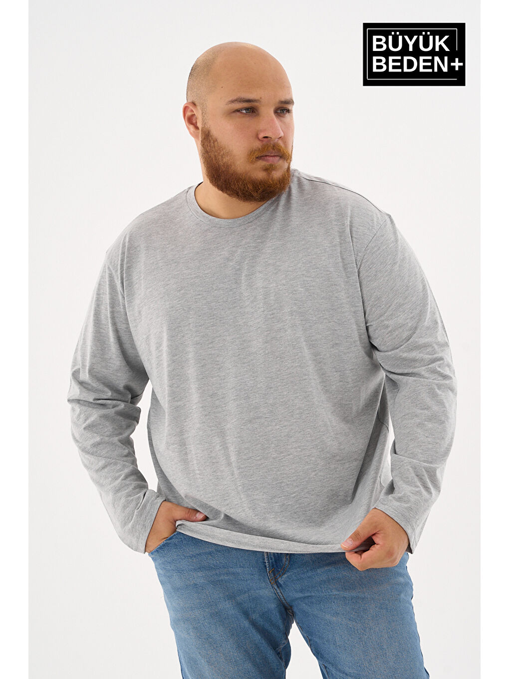 Gri Erkek  Uzun Kollu 2 İplik Bisiklet Yaka Büyük Beden Tişört-3