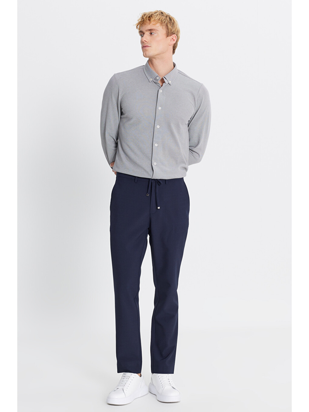Erkek Lacivert Slim Fit Beli Bağlamalı Gofre Desenli Yan Cepli Casual Pantolon-2
