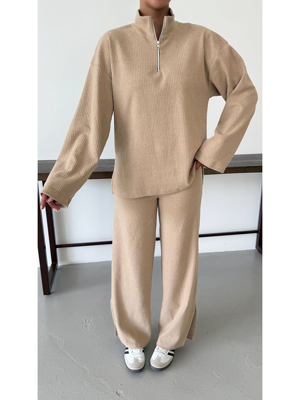 Kadın Bej Yarım Fermuarlı Dik Yaka Kazak Alt-Üst Pantolonlu Takım-7