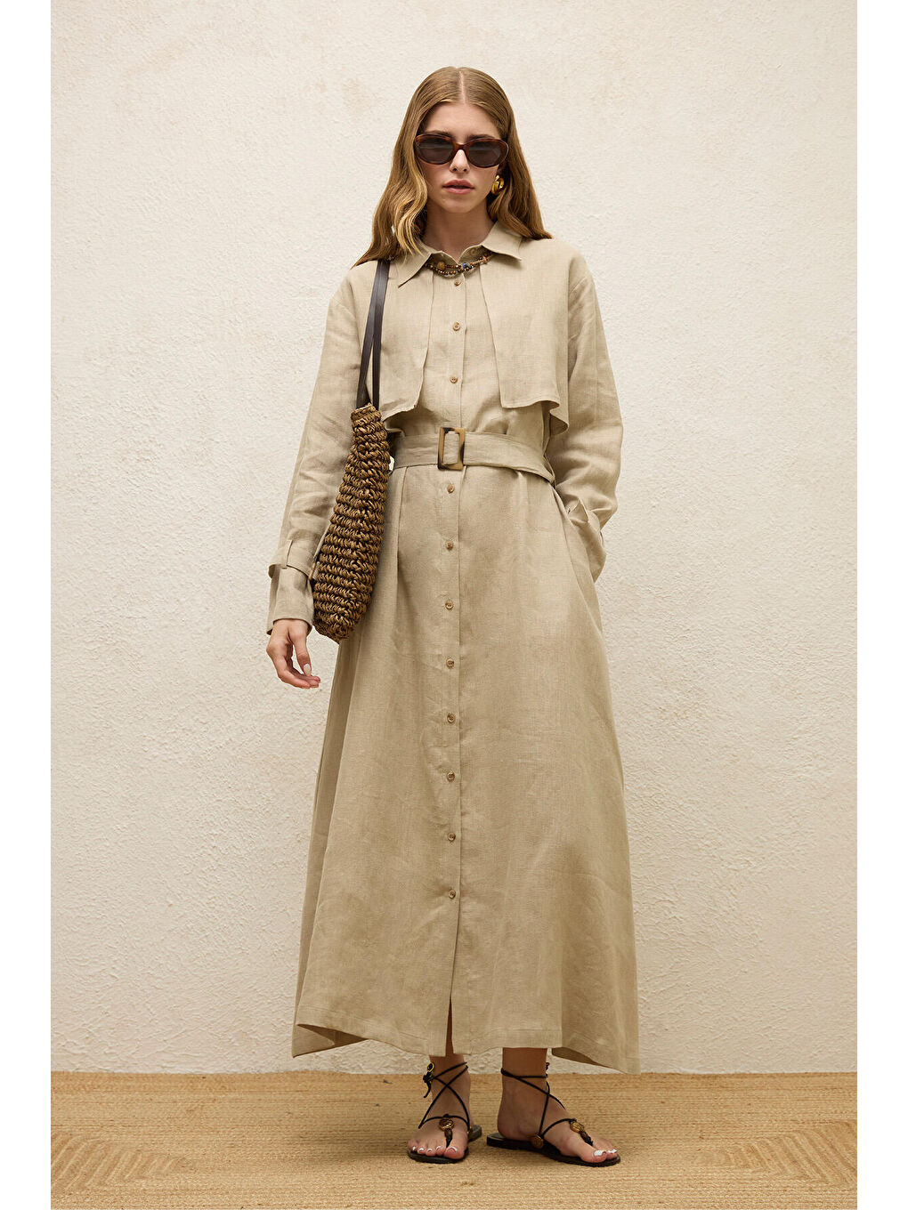 Bej Keten Trenç Tarz Elbise Kum