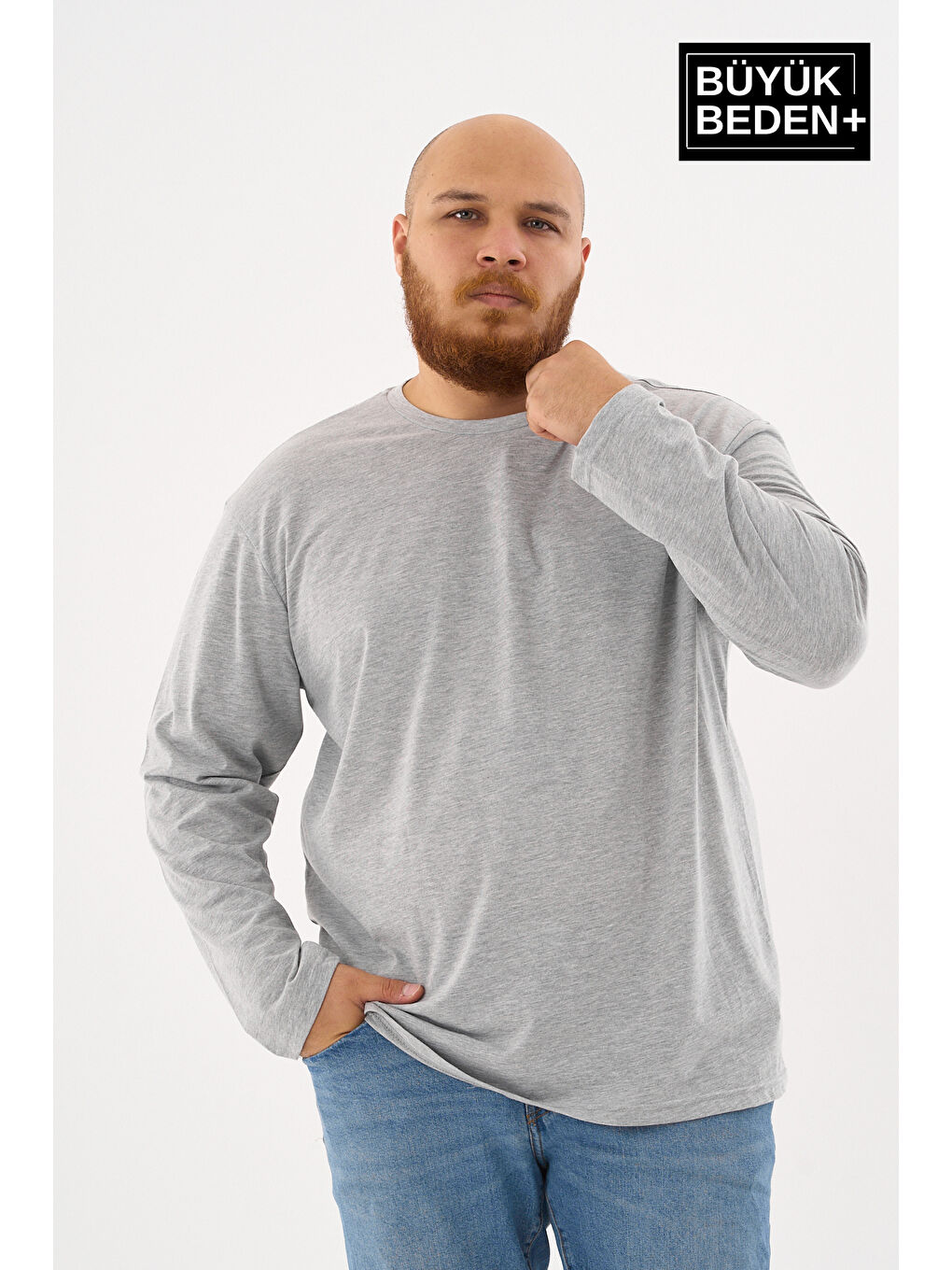 Gri Erkek  Uzun Kollu 2 İplik Bisiklet Yaka Büyük Beden Tişört-4