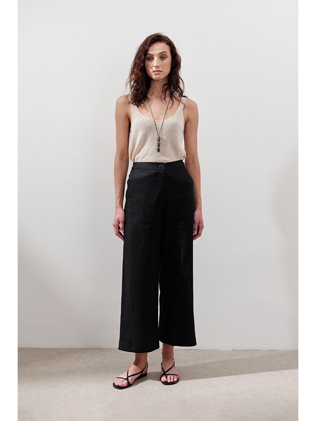 Keten Geniş Paça Pantolon Siyah-1