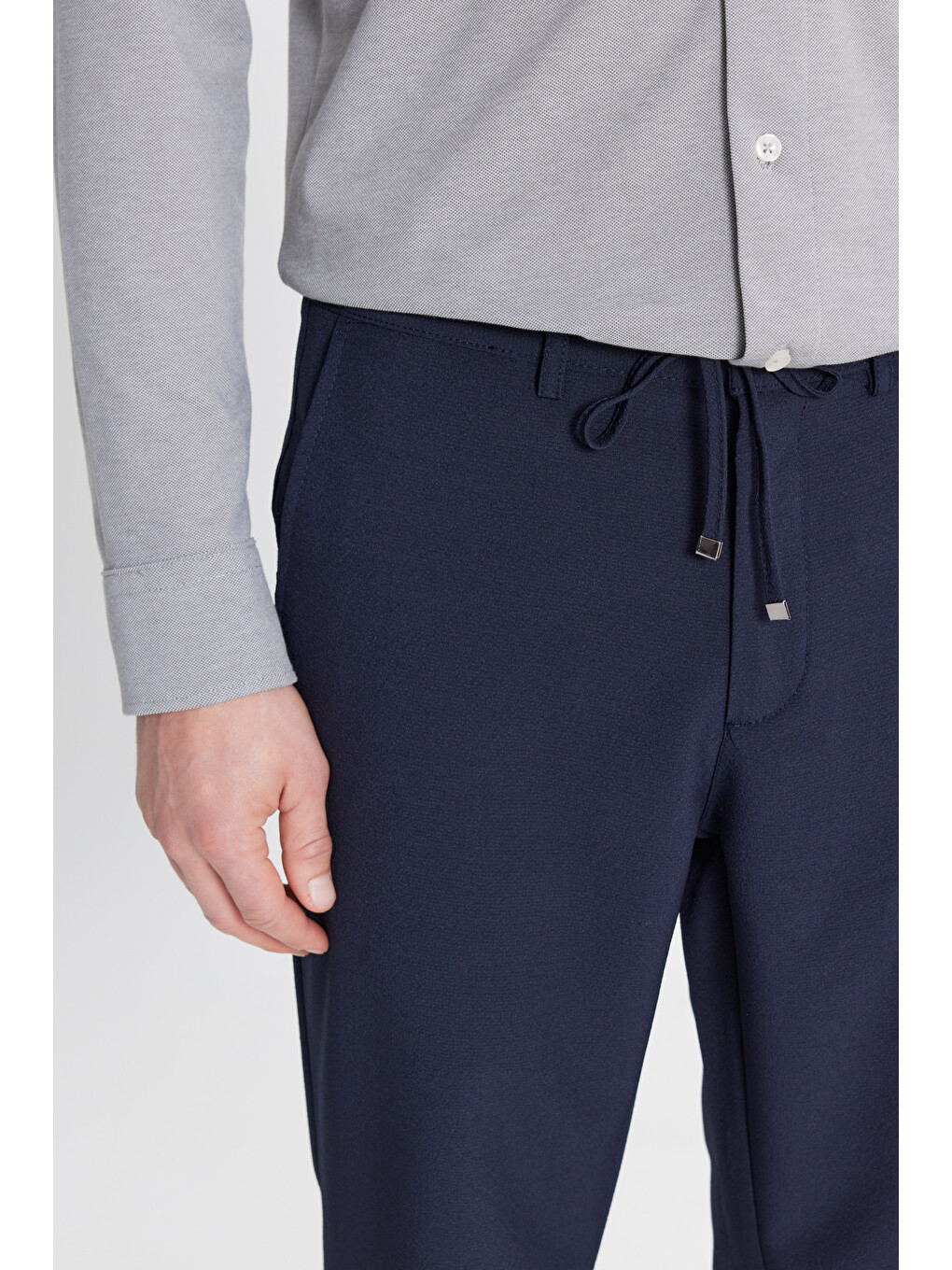 Erkek Lacivert Slim Fit Beli Bağlamalı Gofre Desenli Yan Cepli Casual Pantolon-3