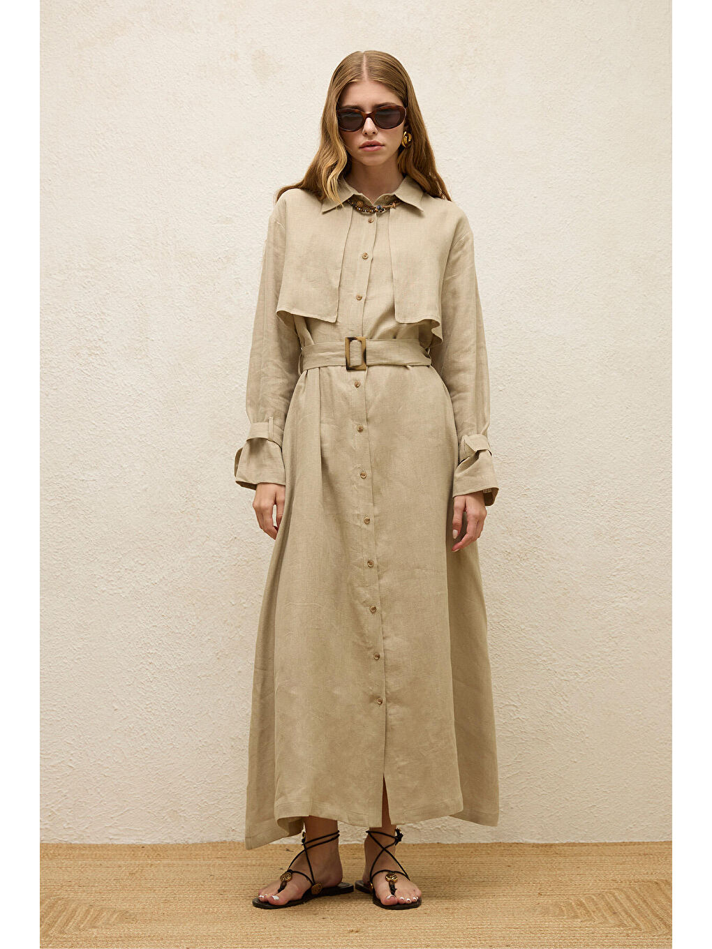 Bej Keten Trenç Tarz Elbise Kum-1