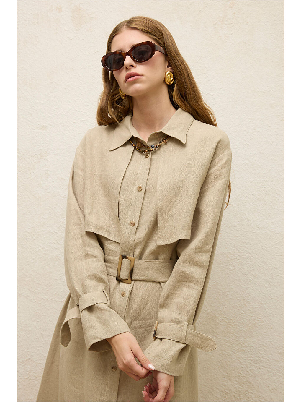 Bej Keten Trenç Tarz Elbise Kum-2