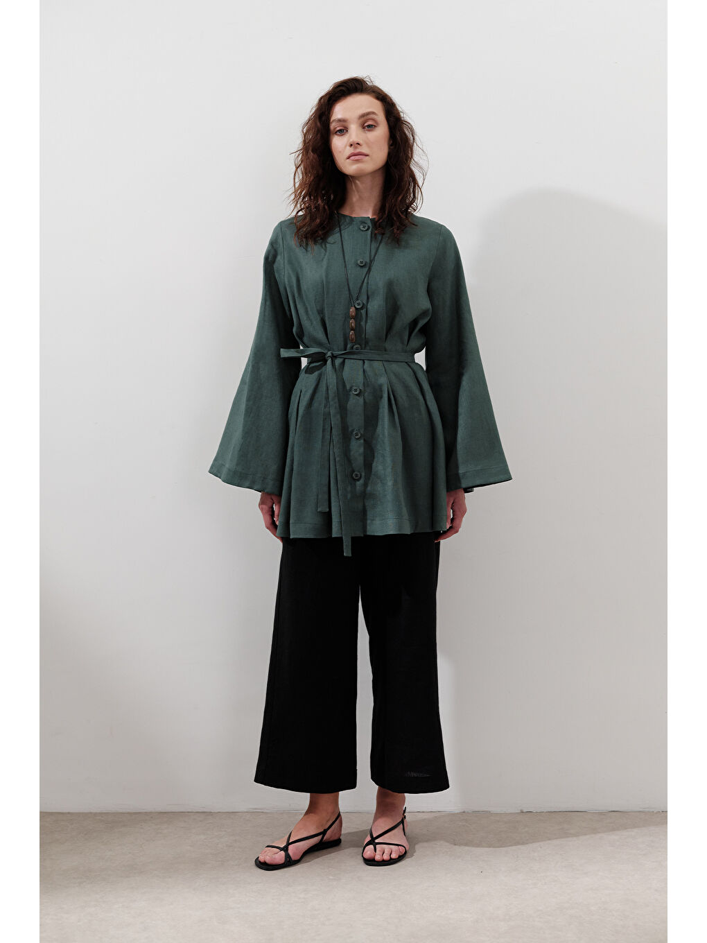 Keten Geniş Paça Pantolon Siyah-2