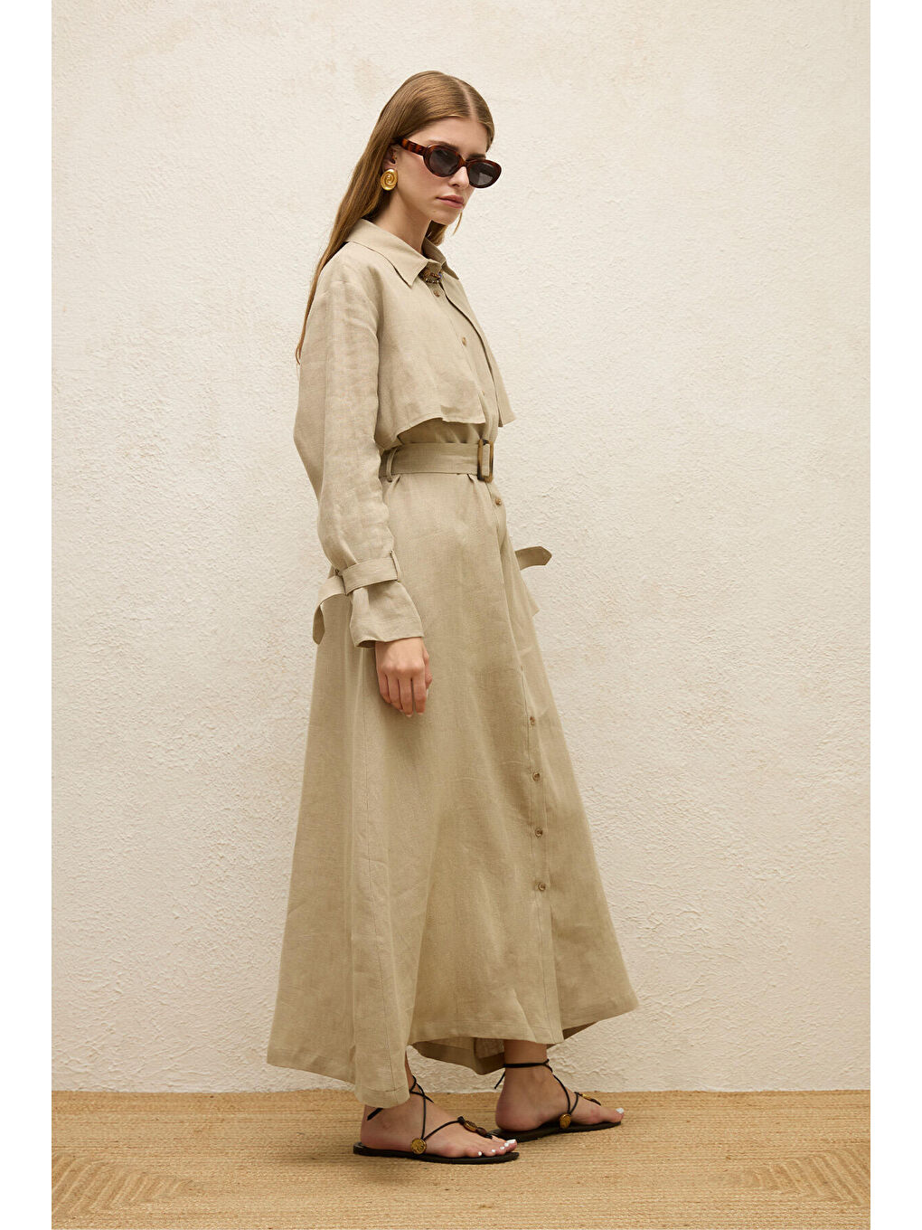 Bej Keten Trenç Tarz Elbise Kum-4