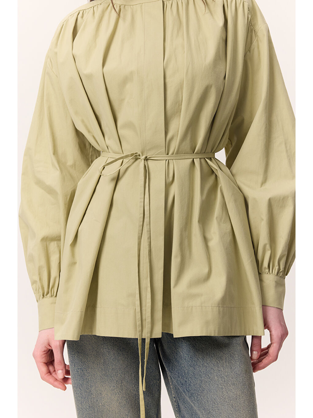 Yeşil Büzgü Detaylı Geniş Gömlek Adaçayı-6