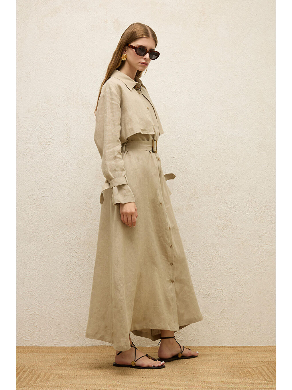 Bej Keten Trenç Tarz Elbise Kum-6