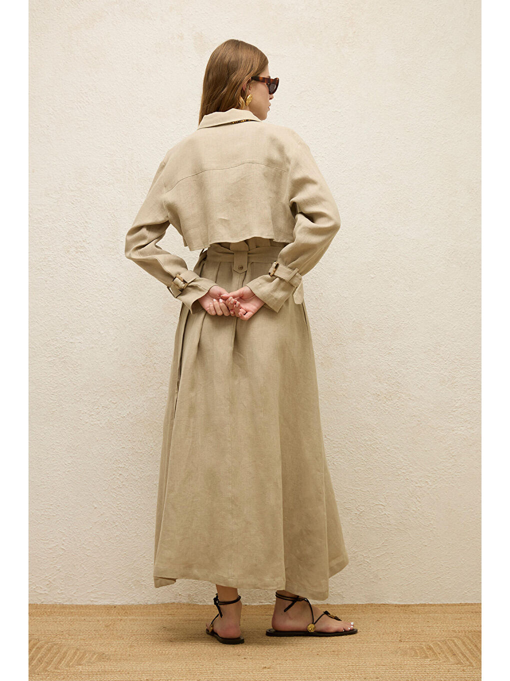 Bej Keten Trenç Tarz Elbise Kum-7