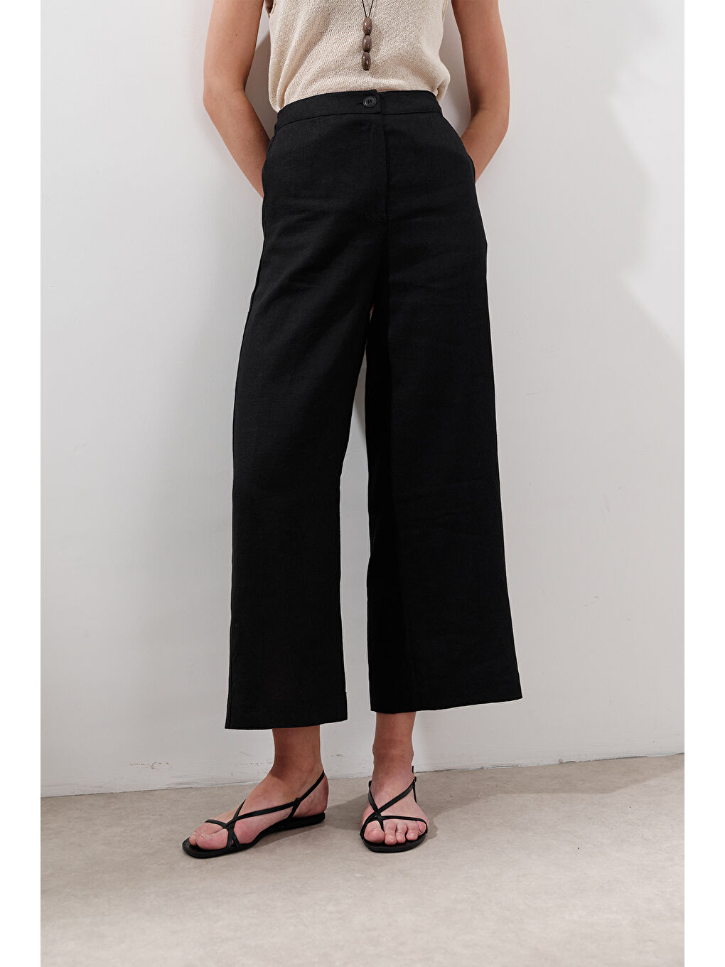 Keten Geniş Paça Pantolon Siyah-5