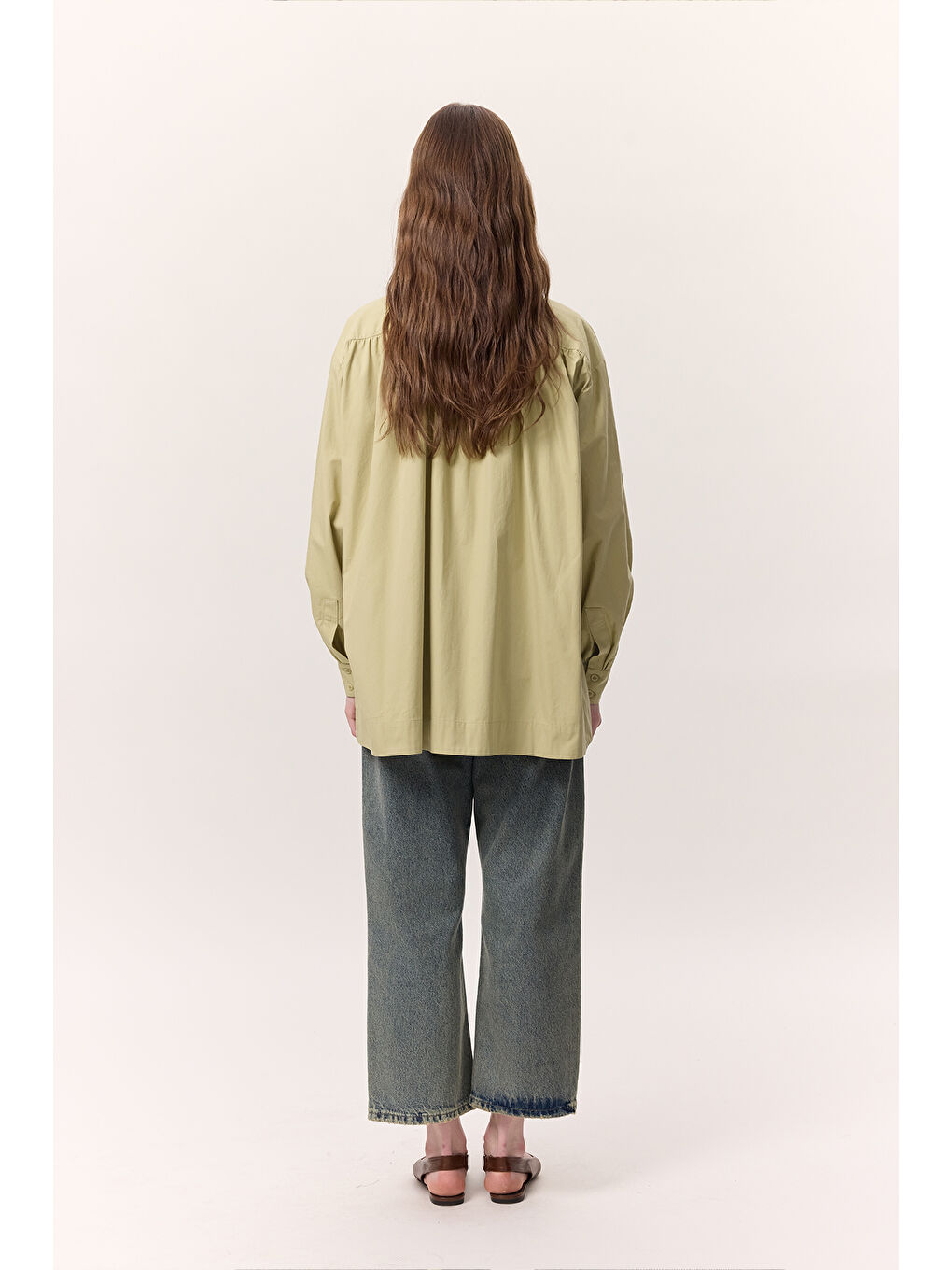 Yeşil Büzgü Detaylı Geniş Gömlek Adaçayı-7