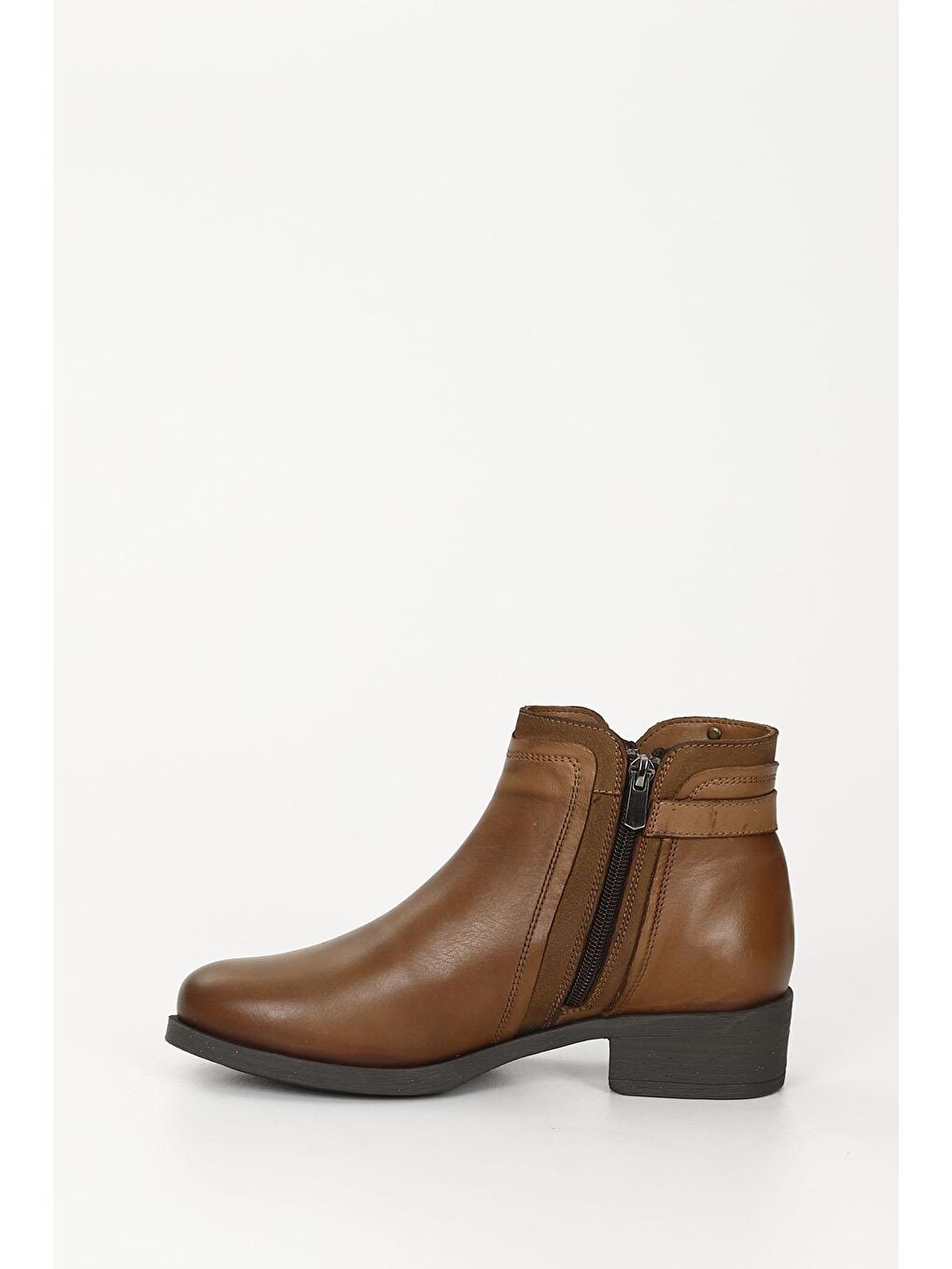 Kahverengi TABA-KAHVERENGİ  Hakiki Deri Yuvarlak Burun Topuklu Kauçuk Taban Fermuarlı Kadın Günlük Bot GN490-5