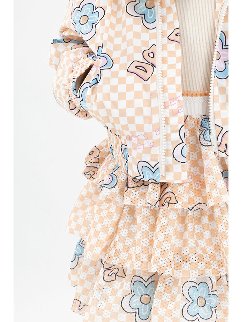 Pembe Kız Çocuk Dama ve Çiçek Desenli Somon Etek-1