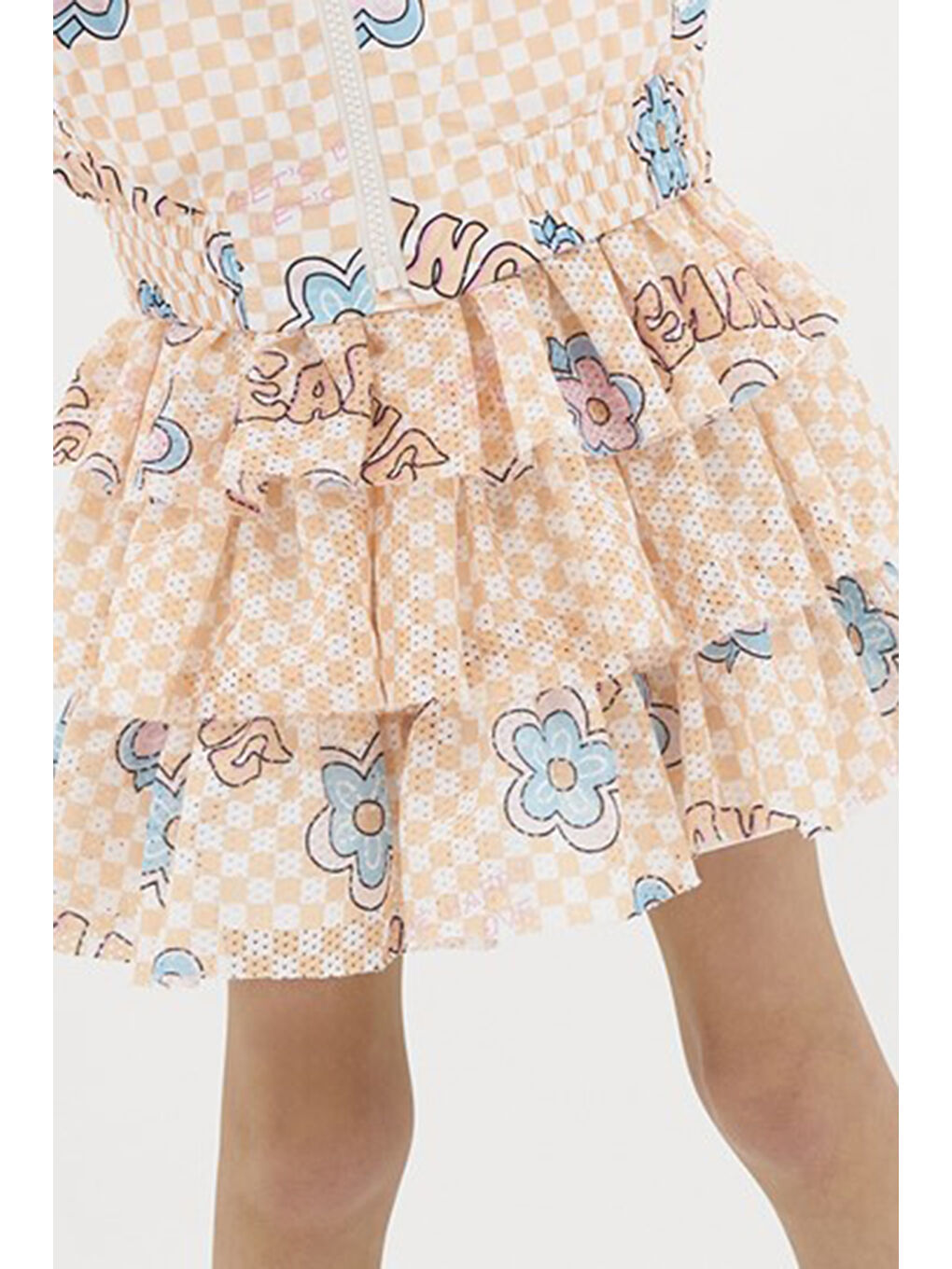 Pembe Kız Çocuk Dama ve Çiçek Desenli Somon Etek-2