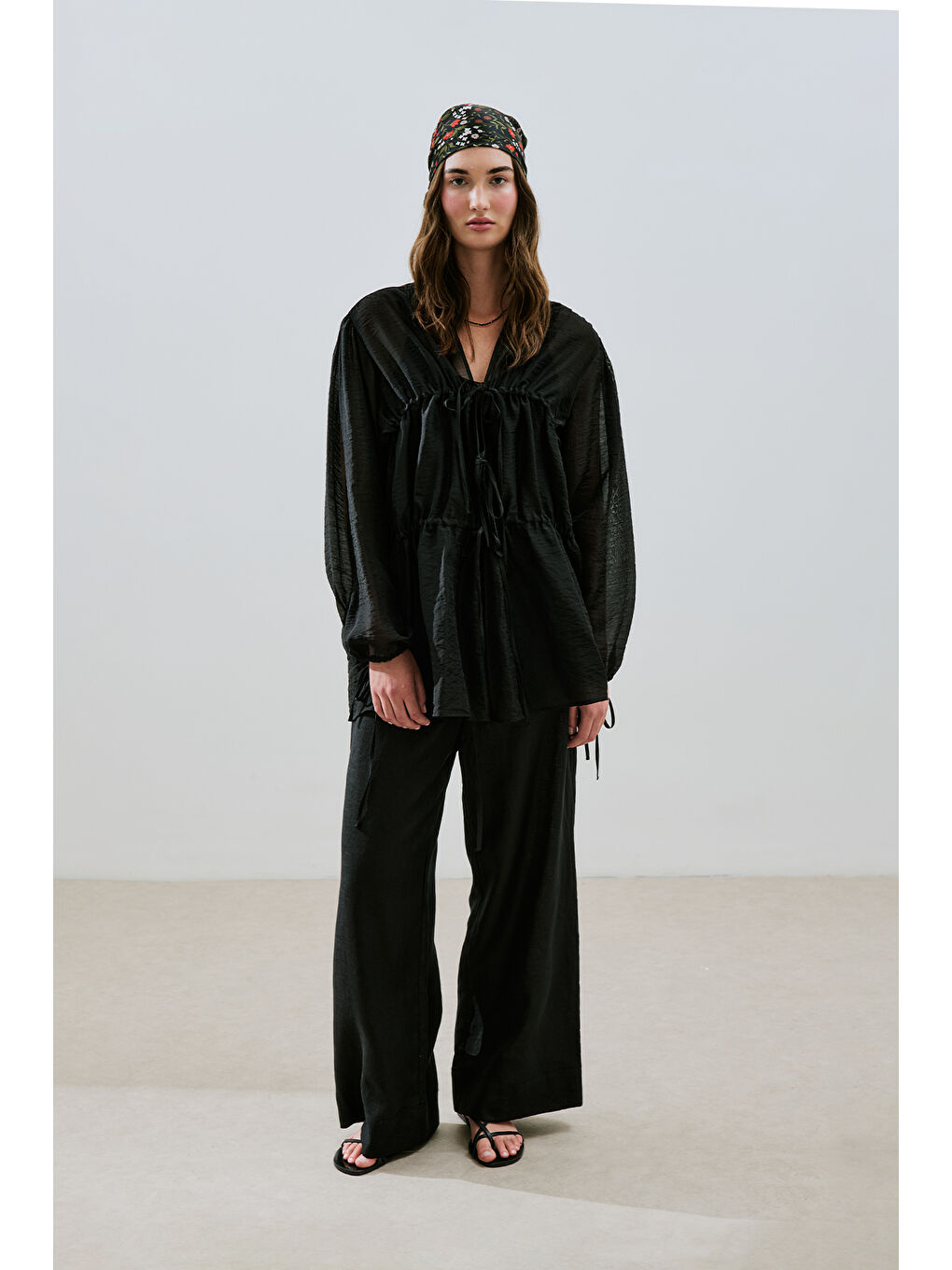 Keten Bağlamalı Pantolon Siyah-2