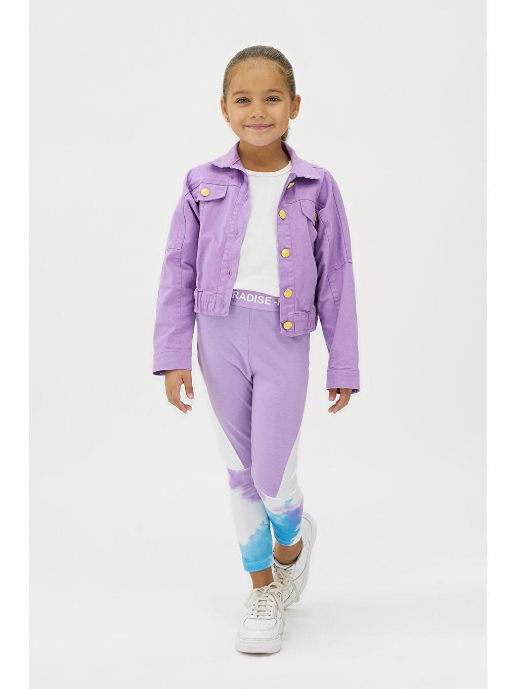 Kız Çocuk Kontrast Düğme Detaylı Mor Jean Ceket
