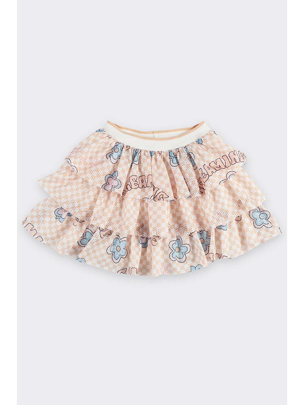 Pembe Kız Çocuk Dama ve Çiçek Desenli Somon Etek-5