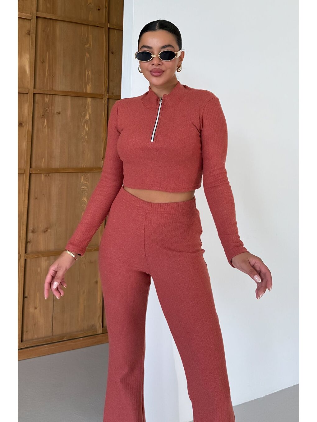 Turuncu Kadın Kiremit Yarım Fermuarlı Crop Alt-Üst Pantolonlu Takım-4