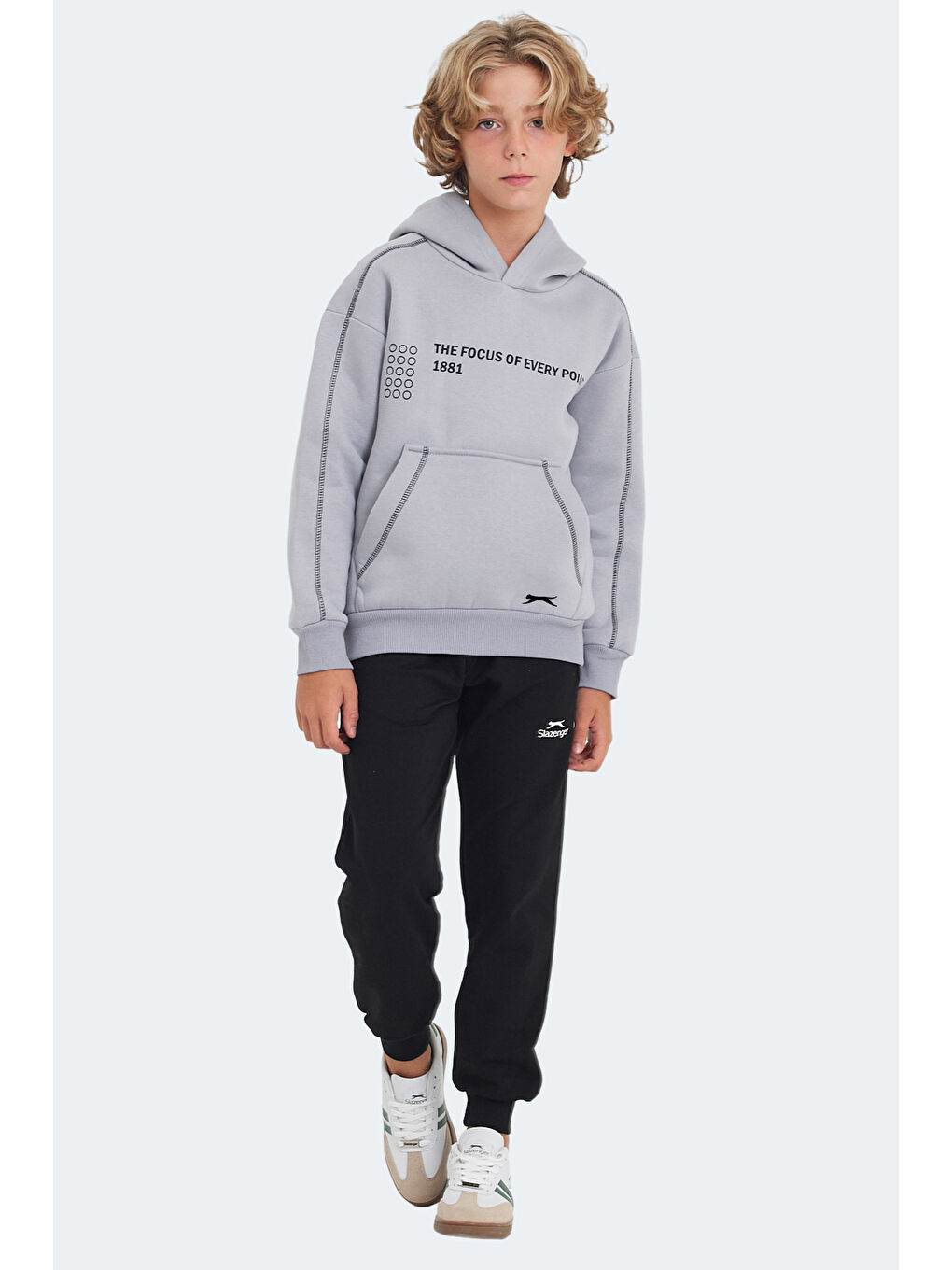 LEVON Unisex Çocuk Kapüşonlu Cepli Taş Gri Sweatshirt-6